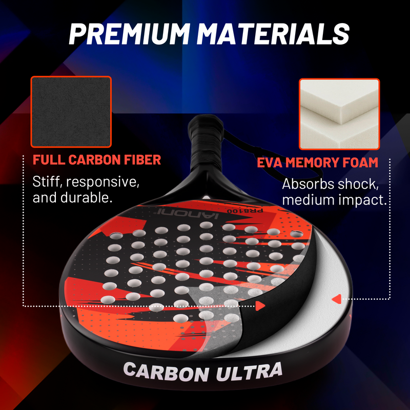 Adult PR8100 Carbon Padel Racket with 3D Surface & EVA Flex Core - Red/Black