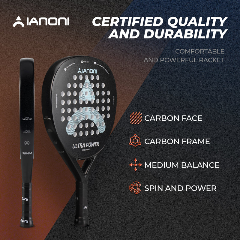 Adult U-Power Carbon Padel Racket, 3D Surface & EVA Flex Core + P Bag - Black
