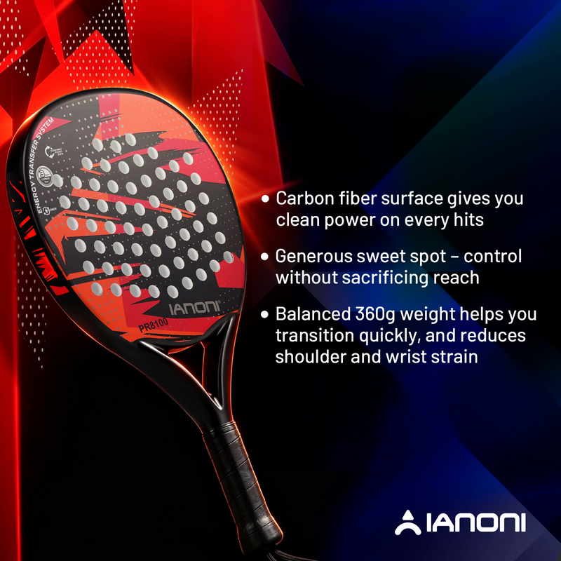 Adult PR8100 Carbon Padel Racket with 3D Surface & EVA Flex Core - Red/Black