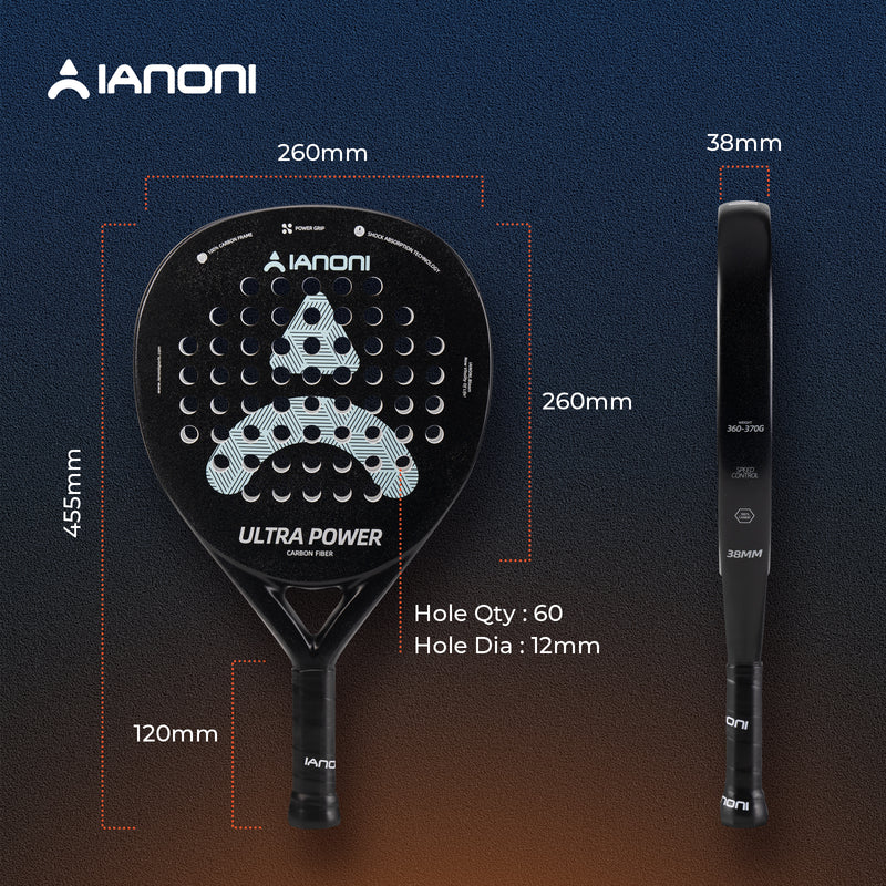 Adult U-Power Carbon Padel Racket, 3D Surface & EVA Flex Core + P Bag - Black