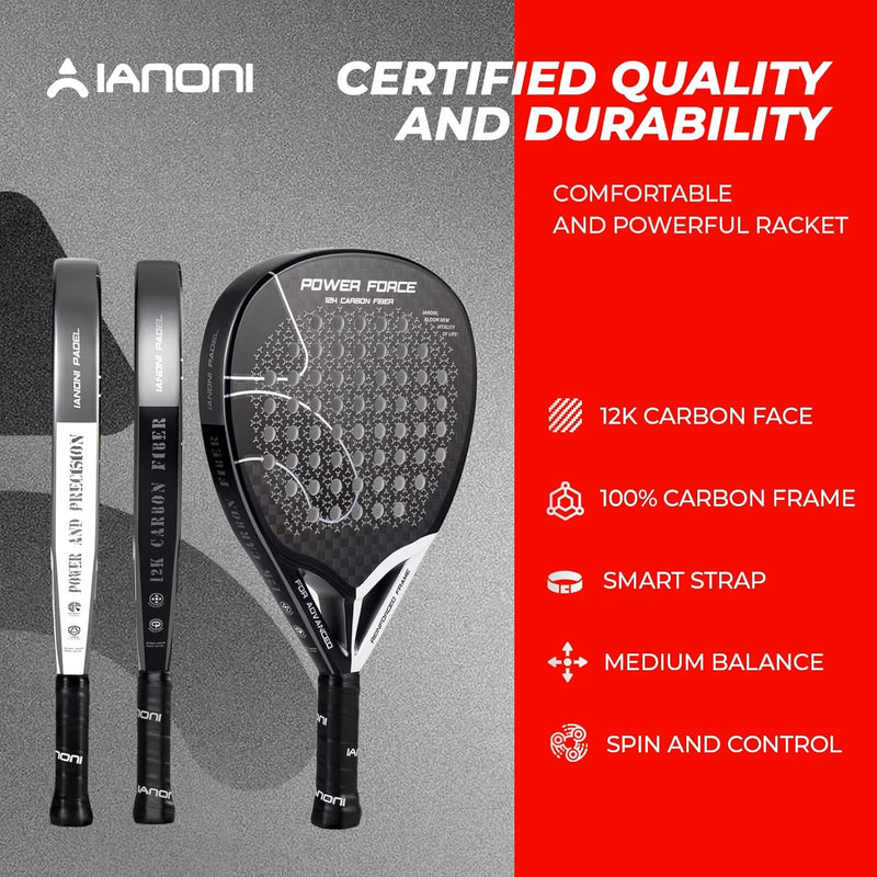 Ianoni Professional Padel Racket 12K Carbon Fiber with 3D Surface with EVA Memory Flex Foam Core-Power Force