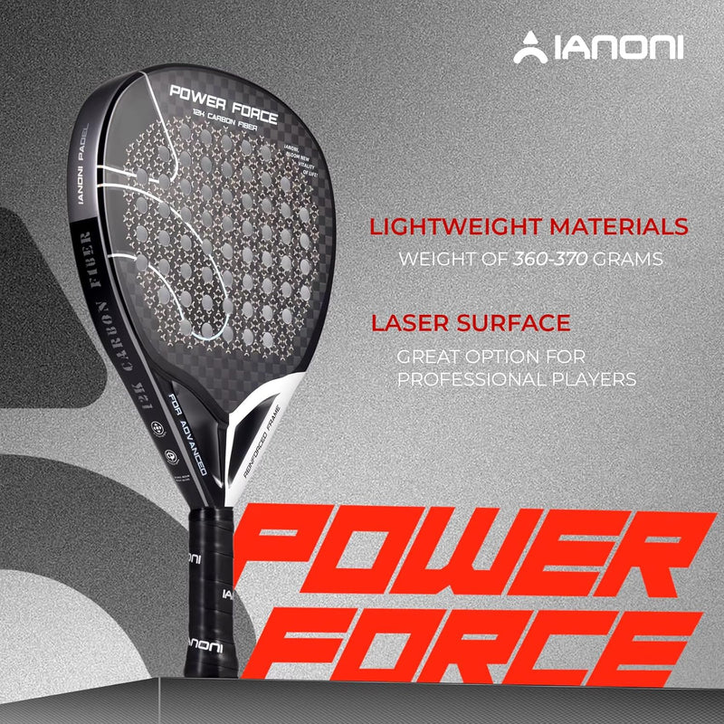 Ianoni Professional Padel Racket 12K Carbon Fiber with 3D Surface with EVA Memory Flex Foam Core-Power Force