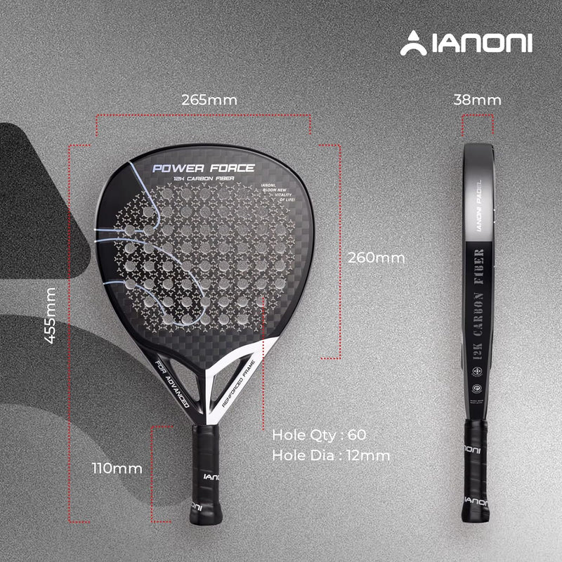 Ianoni Professional Padel Racket 12K Carbon Fiber with 3D Surface with EVA Memory Flex Foam Core-Power Force