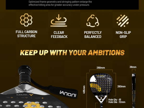 Adult Vortex 18k Caron Padel Racket, 3D Surface & EVA Flex Core + PU Bag - Gold