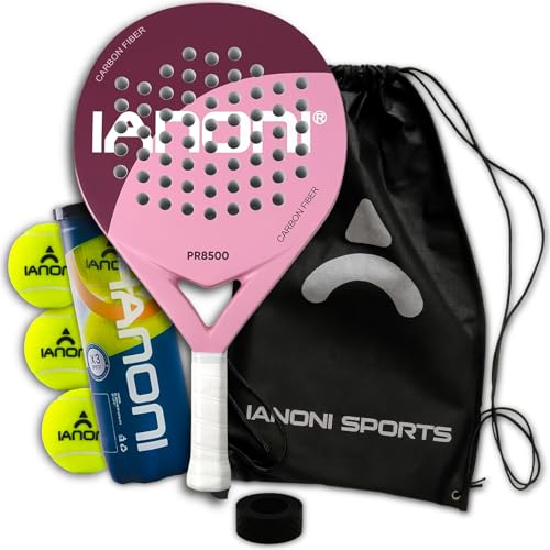 ianoni Padel Racket Carbon Fiber Surface with EVA Memory Flex Foam Core Padel - 8500 Pink Racket + Bag + 3x Pro Balls + Extra grip